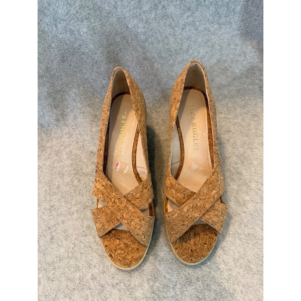 Jack Rogers Cork Wedge Sandals Womens 8.5M Espadrille Crisscross Straps Tan Heel